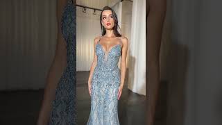 Blue lace fitted dress CD795 with shinning beaded details #BlueDress #FittedDress #LadivineDress