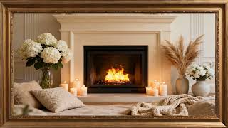 Relaxing Cozy Fireplace Ambience. Gold framed Vintage art screensaver. 4k TV Painting background.