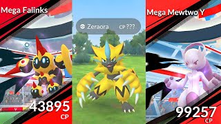 Mega mewtwo's, Zeraora with Mega falinks in pokemon go.