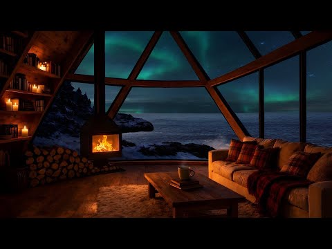 Cozy Fireplace Ambience with Northern Lights 🌌 Ocean, Winter, Night | Sleep, Relax, Study, Read