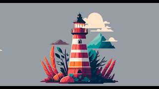 Flat design animation of lighthouse with cloud sky and mountains in the back