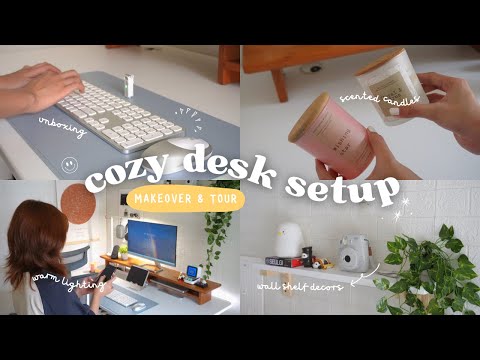 cozy desk setup makeover & tour ✿ ergonomic + aesthetic wfh setup | keyboard unboxing | decors 🪴✨