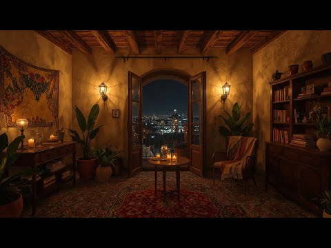 🌆🌙 Spanish Night Ambience | Cozy Barcelona Room, Candlelight & Relaxing Spanish Guitar 🕯️