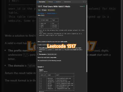 Leetcode 1517 in 50 seconds #sql #learnsql #sqlinterview #leetcodesql