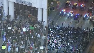 Protesters clash with officers after 'ICE Out' protest in downtown LA