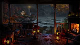 No Ads Beach Porch Storm Ambience | Fireplace, Rain, Thunder & Waves  |  White Noise