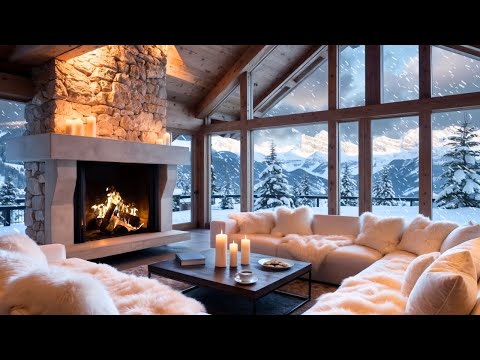 Relaxing Cozy Ski Lodge Ambience – Crackling Fireplace & Winter Snowstorm in the Alps | Blizzard