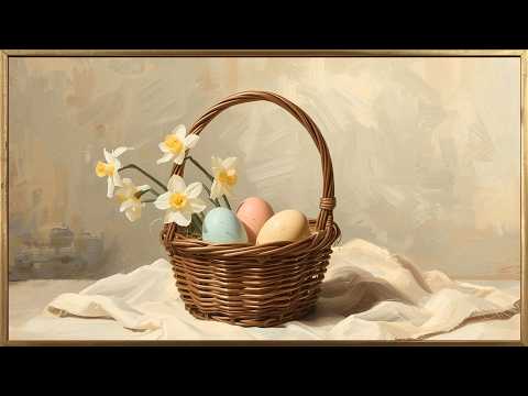 Vintage Basket Oil Painting for Frame TV | 4K Spring Daffodils Still Life Art | Framed Screensaver