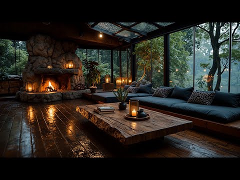 Warm Indoor Jazz & Fireplace Comfort | Elegant Lounge Garden View Background Music