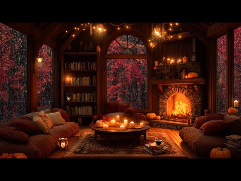 Soft Jazz Music in a Cozy Autumn Reading Corner 🍂 Gentle Rain Sounds & Crackling Fireplace for Relax
