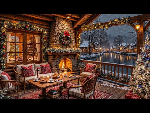 Cozy Christmas Porch Ambience 🎄 Relaxing Christmas Jazz Music & Snowfall Outside the Window