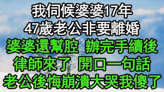 我伺候婆婆17年，47歲老公非要離婚，婆婆還幫腔，辦完手續後，律師來了，開口一句話，老公後悔崩潰大哭我傻了#深夜淺讀 #為人處世 #生活經驗 #情感故事