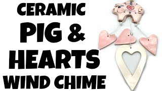 Ceramic Pink Pig Wind Chime, Pink and White Hearts Porcelain Hanging Decor