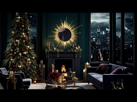 Aesthetic Christmas Ambience | Dark Green and Gold Living Room | Relaxing Winter Jazz| Cozy Snowfall