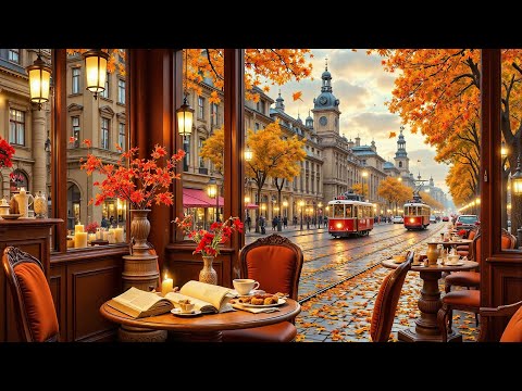 Cozy Fall Coffee Shop Ambience ~ Warm Jazz Instrumental Music🍂Jazz Relaxing Music to Study,Good Mood