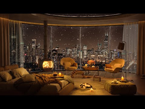 Cozy Bedroom with a Snow Night View of the Chicago City on Winter ❄ Smooth Piano Jazz Music to Sleep